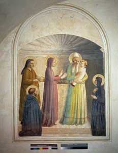 De presentatie van Christus in de tempel. Sint Pieter, martelaar, en de Dominicaanse non Villana, observeren de bijbelse scène. Fresco van Guido di Pietro door Fra Angelico