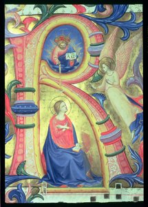 Ms 558 f.33v De Aankondiging afgebeeld in een versierde initiaal R, detail uit een Missaal, vroege 1430s door Fra Angelico