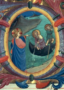 Ms 558 f.9r De Roeping van St. Petrus en St. Andreas, detail van versierde initiaal O uit een Missaal, vroege 1430s