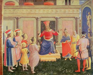 Heiligen Cosmas en Damianus en hun broers voor de proconsul Lysias, van de predella van het San Marco altaarstuk, 1438-40 door Fra Angelico