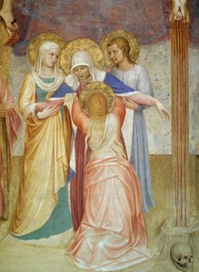 De Kruisiging, detail van de Maagd en begeleiders door Fra Angelico