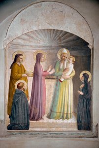 De presentatie van Christus in de tempel. Sint Petrus, martelaar, en Dominicaanse non Villana, observeert de bijbelse scène. Fresco door Guido di Pietro
