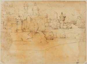 Gezicht op een stad met renaissancegebouwen aan een rivier door Fra Bartolommeo