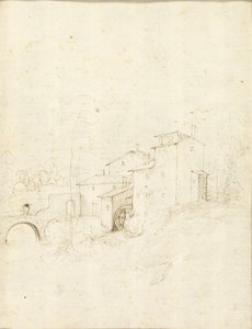 Watermolen met Figuren op een Gebogen Brug door Fra Bartolommeo