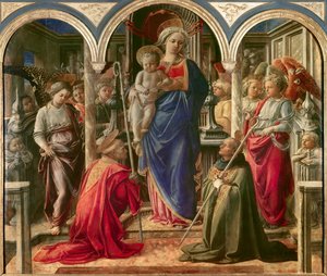 De Maagd en Kind omringd door engelen, Sint Frediano en Sint Augustinus, bekend als Pala Barbadori, Altaarstuk door Filippo Lippi (1406-1469) 1437-1438. Gesponsord door de Barbadori-familie