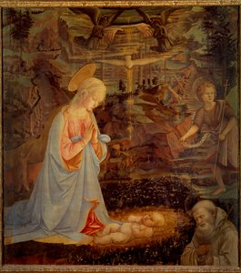De Maagd, het Kind Jezus, Sint Jan de Doper Kind en Sint Bernardus van Clairvaux (San Bernardo di Chiaravalle) (1090 - 1153) (detail) door Fra Filippo Lippi