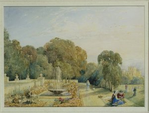 Uitzicht op de tuinen van Chatsworth, Derbyshire, c.1820 door Frances Elizabeth Swinburne