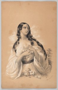 Vrouw die Bloemen Vasthoudt, in The New York Drawing Book, Containing a Series of Original Designs, 1847 door Frances Flora Bond Palmer