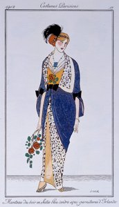 Parijse kostuums: asblauwe satijnen avondjas met Ierse afwerking. Getekend door Francisco Javier Gose (1876-1915) door Francesc Xavier Gosé