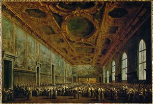 Na zijn verkiezing bedankt de Doge de Grote Raad in de Grote Raadszaal van het Dogenpaleis in Venetië, Italië ...