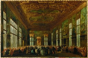 Ceremoniële maaltijd in het Dogenpaleis in de Grote Raadszaal, Doge zittend op de achtergrond ...