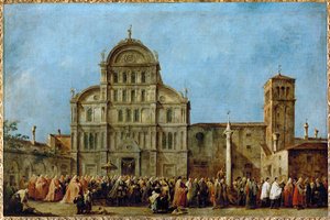 De processie van de Doge van Venetië naar de kerk van San Zaccaria op Pasen ...