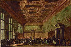 La salle du college au palais des Doges a Venise - De raadszaal in het paleis van de Doges, Venetië ...