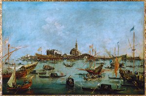 De Doge, in zijn gouden gondel, de Bucintoro, passeert San Niccolo del Lido ...