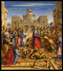 Sint Jan de Aalmoezenier (556-619), patriarch van Alexandrië, die geld uitdeelt aan de armen in de straten van de stad door Francesco (fl.1508 45) Rizzi da Santacroce
