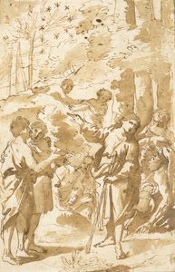 Jozef vertelt zijn droom aan zijn vader en broers en wijst naar elf sterren aan de hemel door Francesco Albani