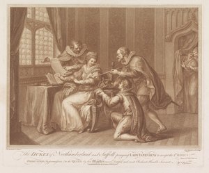 Hertogen van Northumberland en Suffolk vragen Lady Jane Grey de kroon te aanvaarden door Francesco Bartolozzi