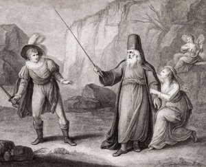 Prospero ontwapent Ferdinand. Shakespeare. De Storm (gravure)