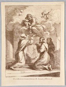Drie heiligen, de Maagd en Kind in de wolken door Francesco Bartolozzi