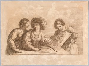 Drie Vrouwen met een Palet en Schets van een Ontwerp