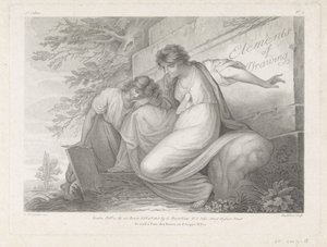 Titelprent met twee figuren met een tekening in een landschap