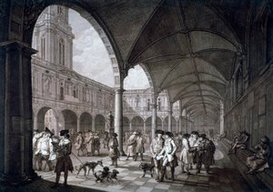 Uitzicht op de binnenplaats in de Royal Exchange met kooplieden en makelaars, City of London, 1788