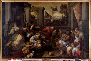 Hercules en Omphale Hercules, verliefd op de koningin van Lycië Omphale, neemt zijn spinnewiel door Francesco Bassano