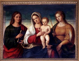 Maagd met kind omringd door Sint Johannes de Evangelist en Sint Catharina van Alexandrië
