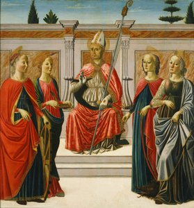 Sint Nicolaas en de heiligen Catharina, Lucia, Margaretha en Apollonia door Francesco Botticini