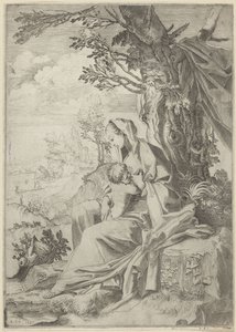 Maria zoogt het Christuskind in een landschap door Francesco Brizio