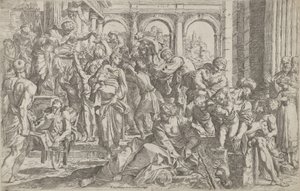 Sint Rochus links aalmoezen uitdelend aan een groep mensen om hem heen door Francesco Brizio