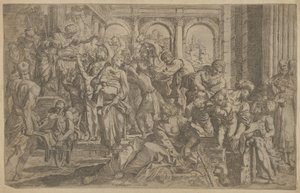 Sint Rochus links die aalmoezen uitdeelt aan een groep mensen om hem heen, na A..., ca. 1607
