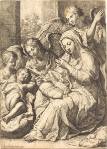 Maagd en engelen waken over de slapende baby Jezus