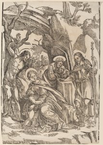 De Heilige Familie met Sint Sebastiaan en Sint Rochus door Francesco Denanto
