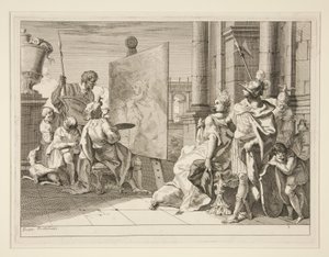 Apelles schildert Campaspe, de minnares van Alexander de Grote, een van een serie van acht prenten (Varii Baccanali et istorie)