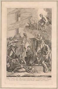 De Madonna en Kind met Twee Engelen en Heiligen Scholastica, Benedictus, Rochus, Petrus, Paulus en Hiëronymus door Francesco Fontebasso after Sebastiano Ricci