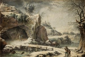 Een bevroren rivierlandschap met figuren