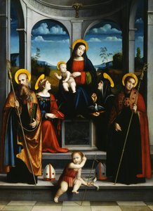 Maagd en Kind met Heiligen Benedictus, Justina, Placidus en Scholastica, ca. 1515