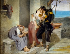 Vertrek van de soldaat uit een gezin, de soldaat laat zijn vrouw en kind in tranen achter om naar de oorlog te gaan. Schilderij door Francesco Gandolfi (1824-1873) Dim. 27x38 cm Genua Nervi, Civica Galleria d