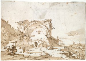 Een Capriccio met een verwoeste gotische boog door Francesco Guardi