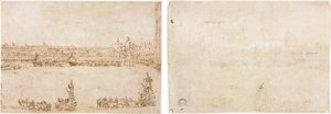 Een Processie van Triomfale Wagens op het Piazza San Marco, Venetië, ter Viering van het Bezoek van de Conti del Nord (recto) Drie Schetsen van Bogen (verso)