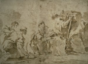 Aanbidding van de herders (recto); Drie schetsen: Gebouwen aan kanaal met boten, Landschap met gebouwen op heuvel, Gebouwen met portiek (verso) door Francesco Guardi