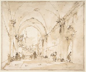 Architectonisch capriccio: gewelfde doorgang die naar een plein leidt door Francesco Guardi