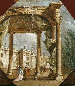Capriccio van een dwaasheid met een elegant paar en een hond door Francesco Guardi