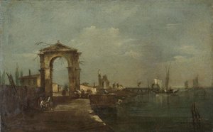 Landschap met een kade en schepen op een meer door Francesco Guardi