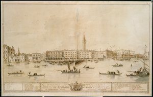 Panorama van Venetië vanaf het Bacino di San Marco, met inbegrip van het ontwerp voor het voorgestelde Teatro Manin door Francesco Guardi