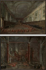 Paus Pius VI Daalt de Troon af om Afscheid te Nemen van de Doge in de Hal van SS. Giovanni e Paolo, 1782 en Pontificale Ceremonie in SS. Giovanni e Paolo, Venetië, 1782 (paar) door Francesco Guardi
