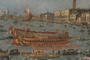 Het Bucintoro Festival van Venetië. Het Bacino di S. Marco met de Bucintoro, de staatsboot van de Doge, op Hemelvaartsdag (detail) door Francesco Guardi