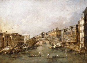 De Rialtobrug, Venetië, met gondels op de voorgrond door Francesco Guardi