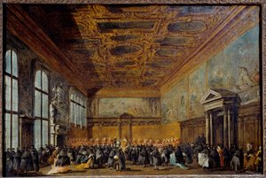 Het publiek ontvangen door de Doge van Venetië in de Collegezaal van het Dogenpaleis van Venetië door Francesco Guardi